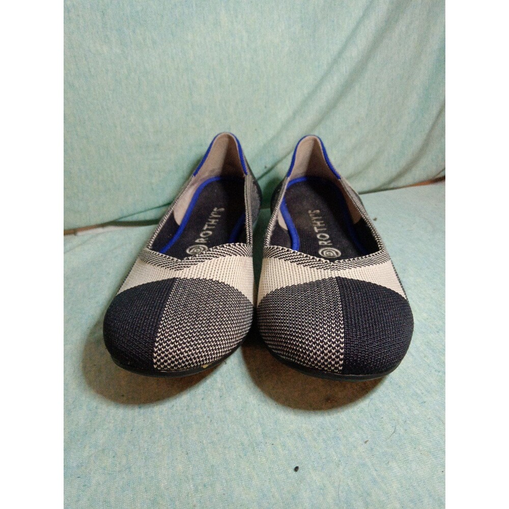 Rothy's Women's Sz W9 Captoe Black White Buffalo Plaid Slip On Flats Blue Trim, - Picture 3 of 6